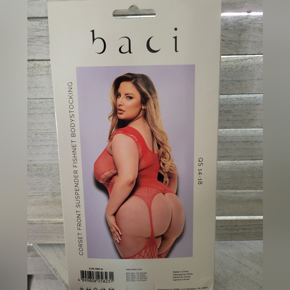 Baci Lingerie Front Suspender Fishnet Bodystocking - Queen Size Fits Sizes 14-18 - Picture 2 of 3
